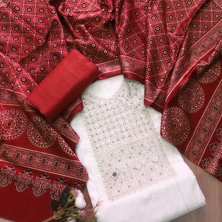 Rahi Cream White Zari with Mirror Work Neck Chanderi and Red Mashru Dupatta-D2
