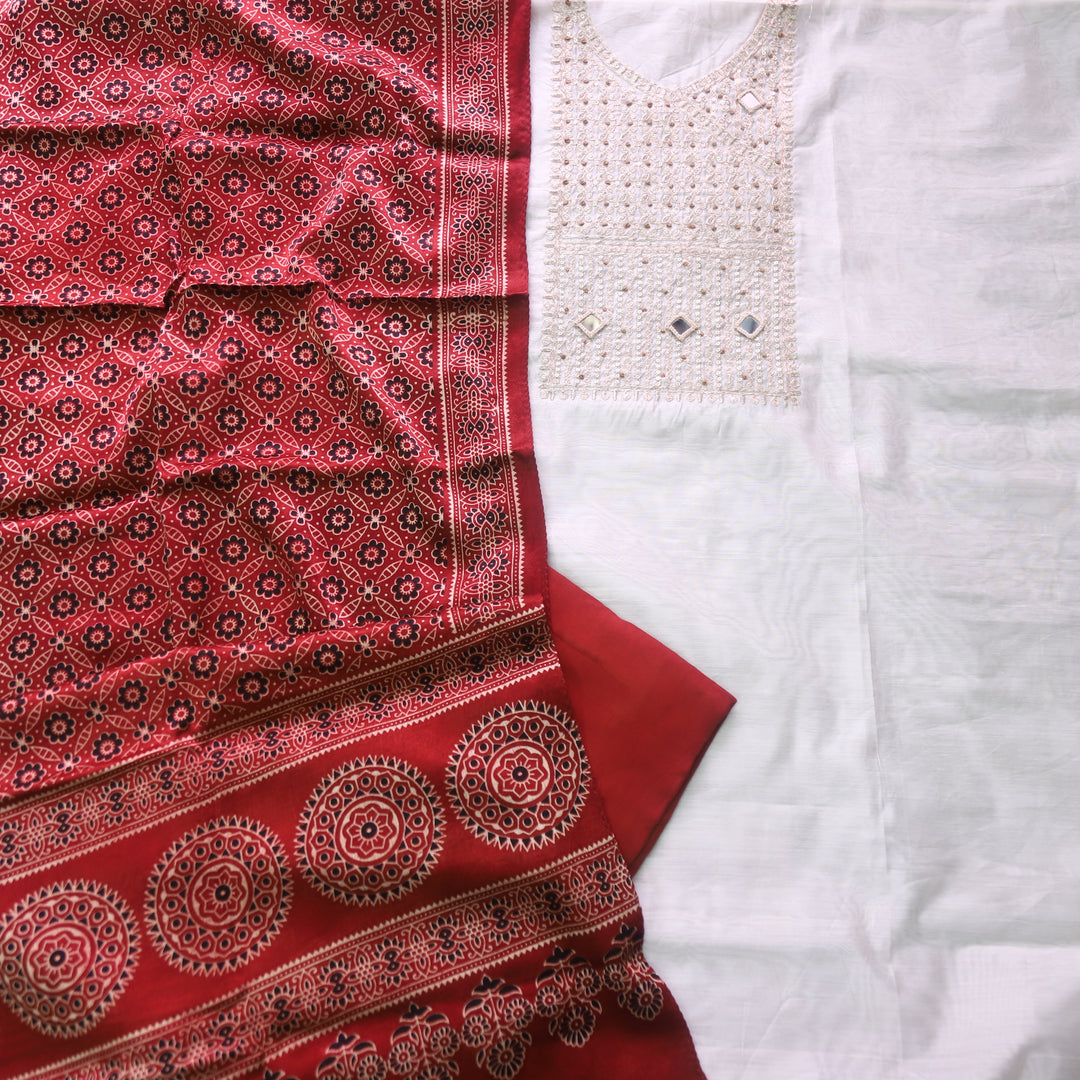 Rahi Cream White Zari with Mirror Work Neck Chanderi and Red Mashru Dupatta-D2