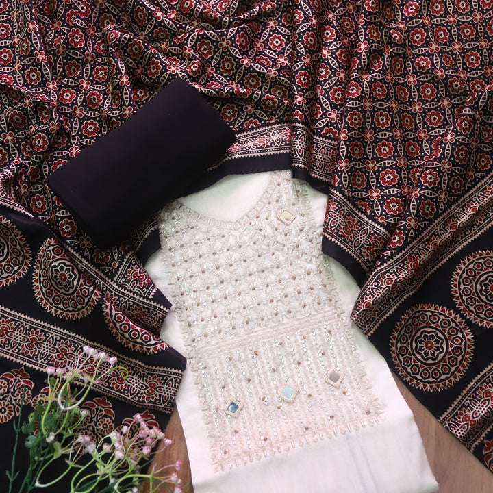 Rahi Cream White Zari with Mirror Work Neck Chanderi and Black Mashru Dupatta-D2