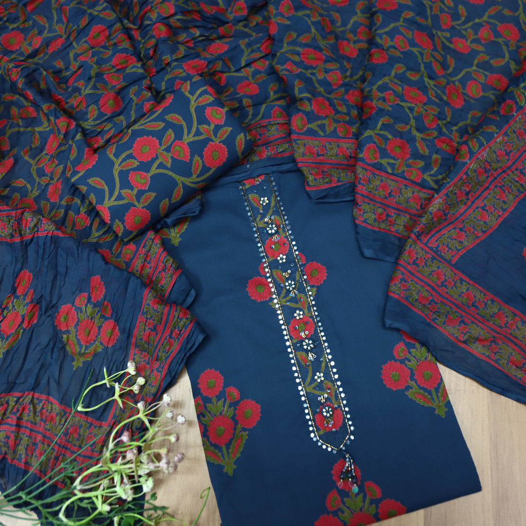 Haseena Blue Patra Work Patch Floral Printed Cotton Set