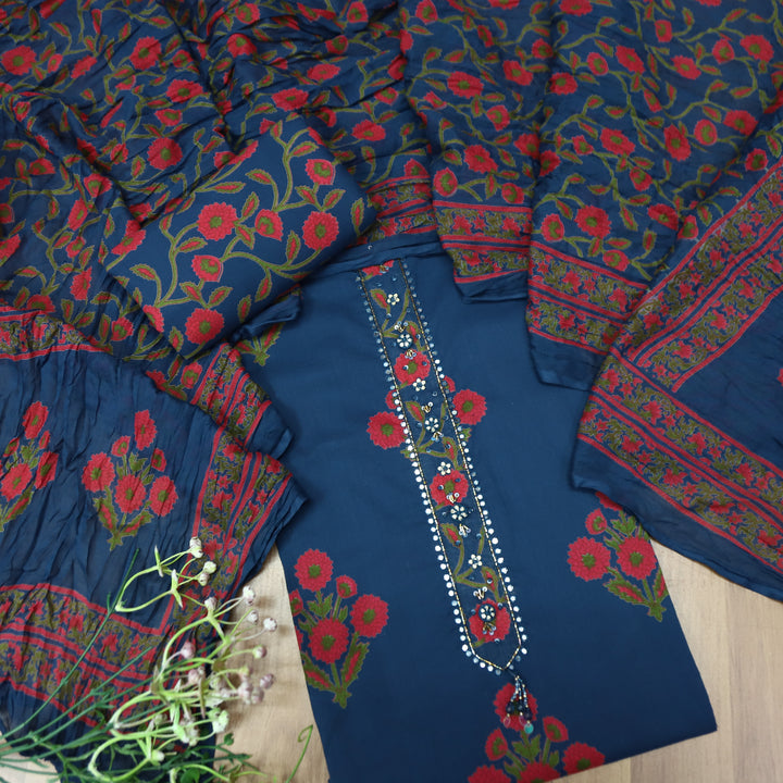 Haseena Blue Patra Work Patch Floral Printed Cotton Set