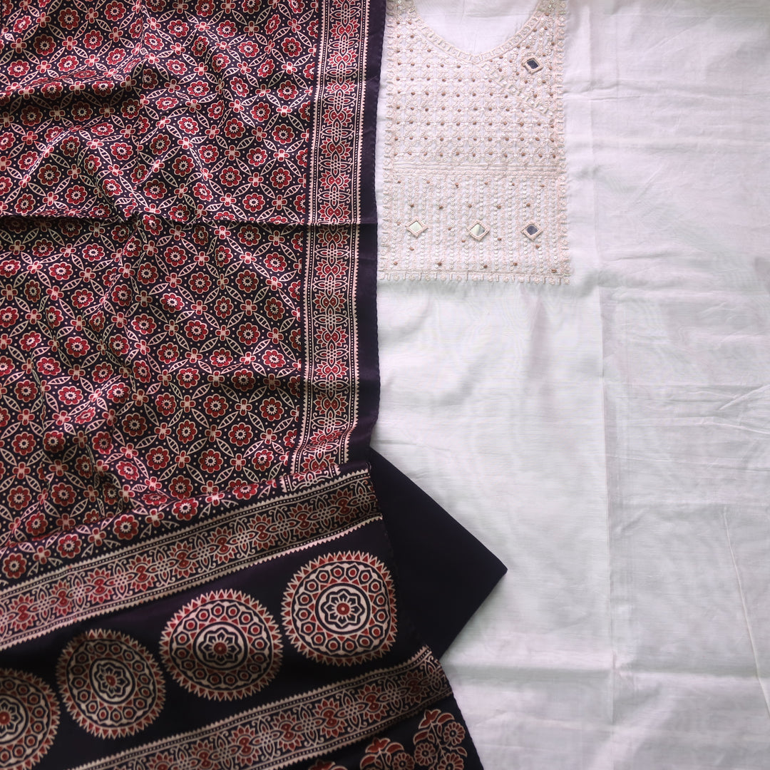 Rahi Cream White Zari with Mirror Work Neck Chanderi and Black Mashru Dupatta-D2