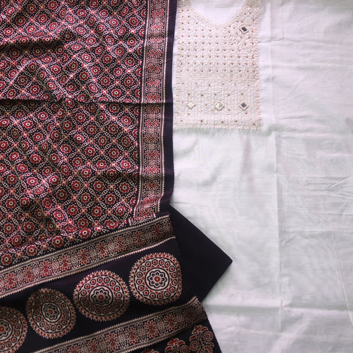 Rahi Cream White Zari with Mirror Work Neck Chanderi and Black Mashru Dupatta-D2