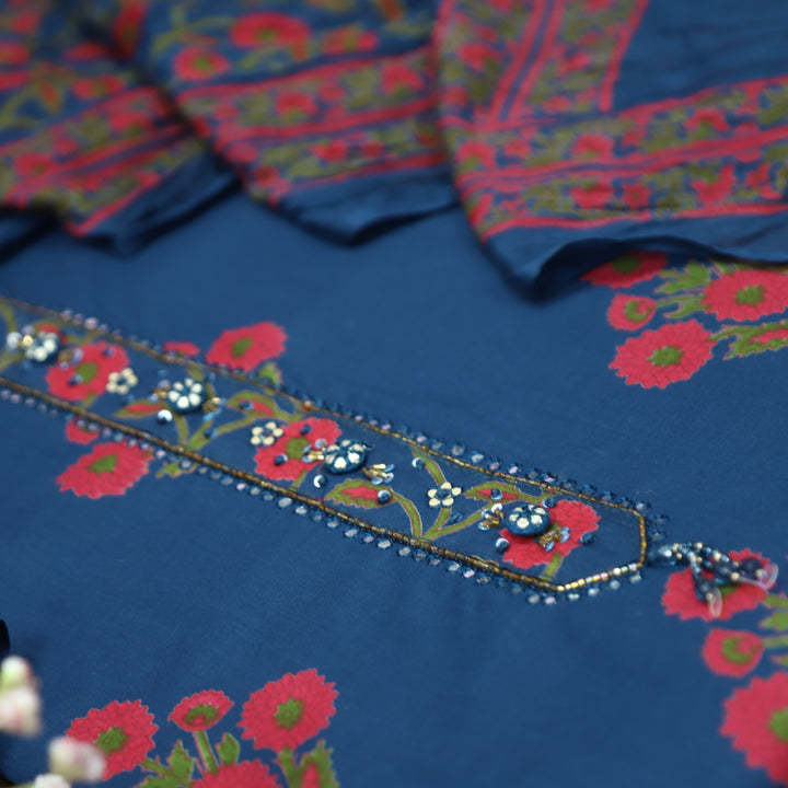 Haseena Blue Patra Work Patch Floral Printed Cotton Set