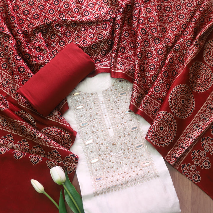 Rua Cream White Zari with Mirror Work Neck Chanderi and Red Mashru Dupatta