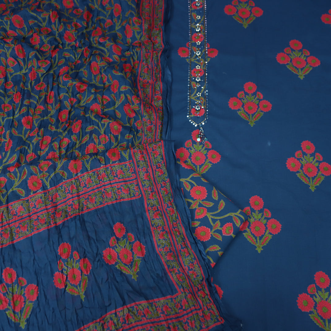 Haseena Blue Patra Work Patch Floral Printed Cotton Set