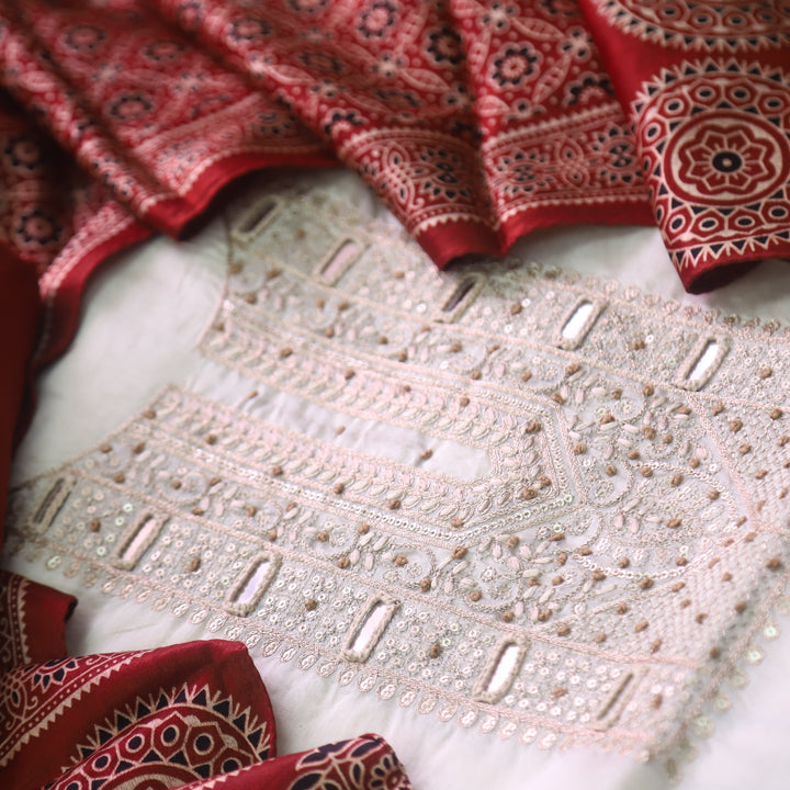 Rua Cream White Zari with Mirror Work Neck Chanderi and Red Mashru Dupatta