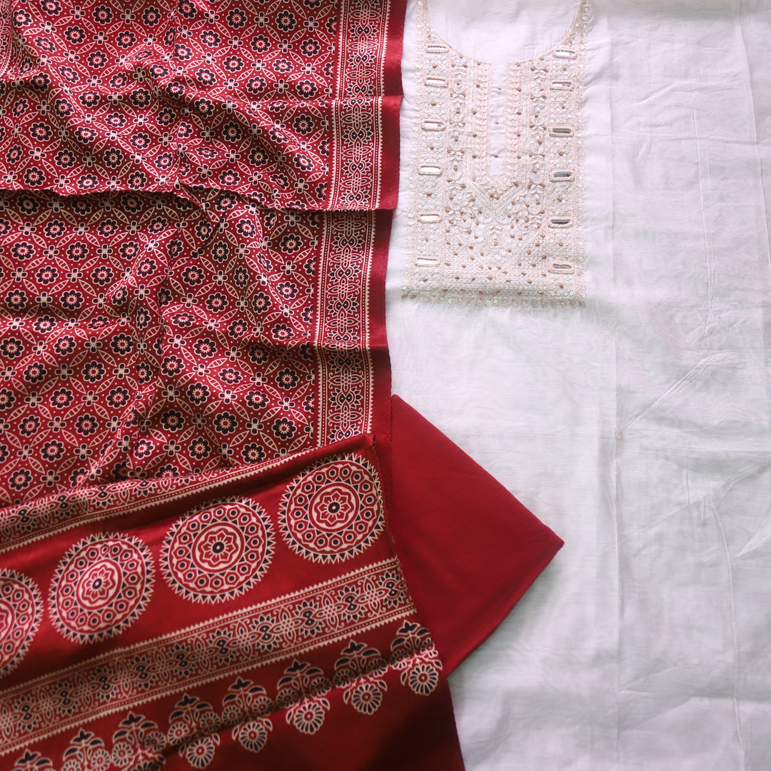 Rua Cream White Zari with Mirror Work Neck Chanderi and Red Mashru Dupatta