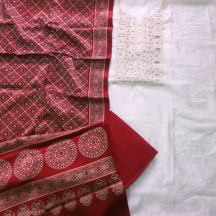 Rua Cream White Zari with Mirror Work Neck Chanderi and Red Mashru Dupatta
