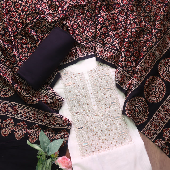 Rua Cream White Zari with Mirror Work Neck Chanderi and Black Mashru Dupatta