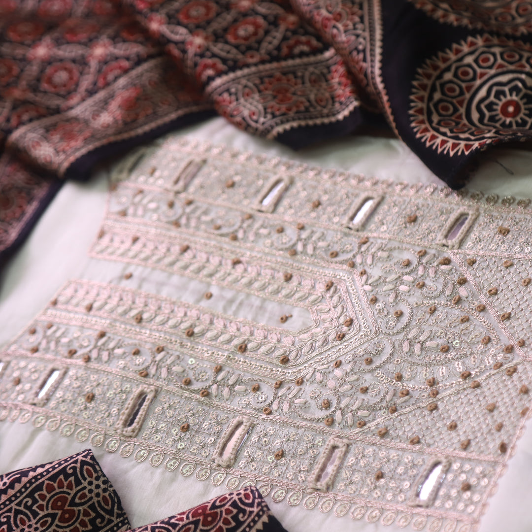 Rua Cream White Zari with Mirror Work Neck Chanderi and Black Mashru Dupatta