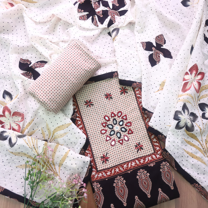 Ruaa Ebony Black Mirror Neck Kutch Patch In Ajrak Print Cotton Suit Set