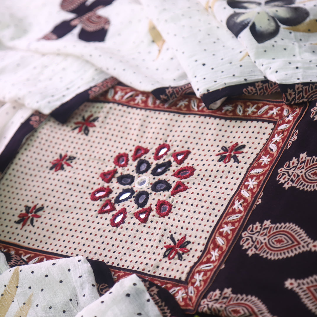 Ruaa Ebony Black Mirror Neck Kutch Patch In Ajrak Print Cotton Suit Set