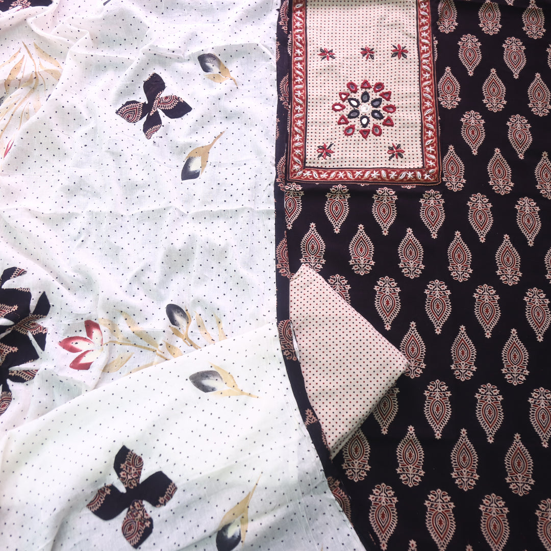 Ruaa Ebony Black Mirror Neck Kutch Patch In Ajrak Print Cotton Suit Set