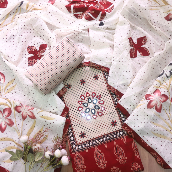 Ruaa Cherry Red Mirror Neck Kutch Patch In Ajrak Print Cotton Suit Set
