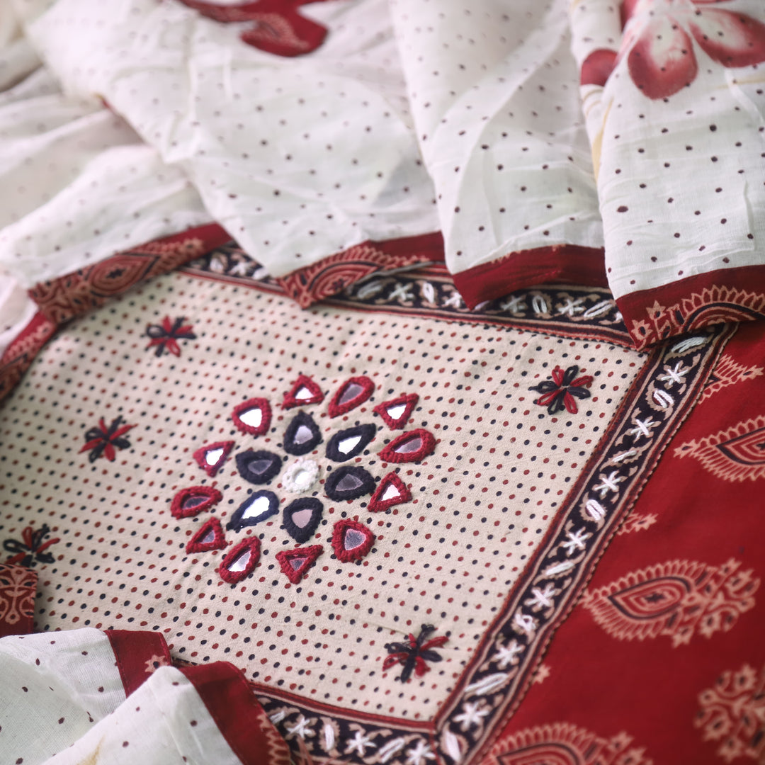 Ruaa Cherry Red Mirror Neck Kutch Patch In Ajrak Print Cotton Suit Set
