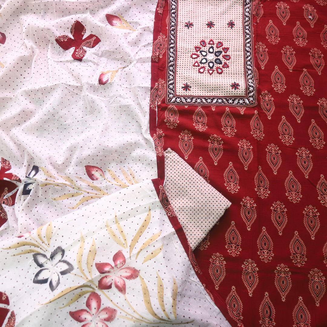 Ruaa Cherry Red Mirror Neck Kutch Patch In Ajrak Print Cotton Suit Set