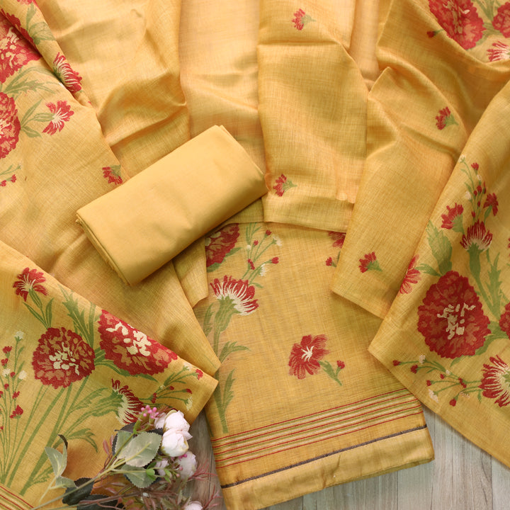 Surya Canary Yellow Authentic Floral Jamdani Weaved Suit Set