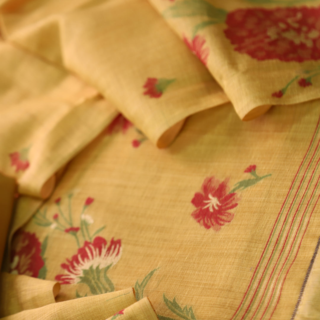 Surya Canary Yellow Authentic Floral Jamdani Weaved Suit Set