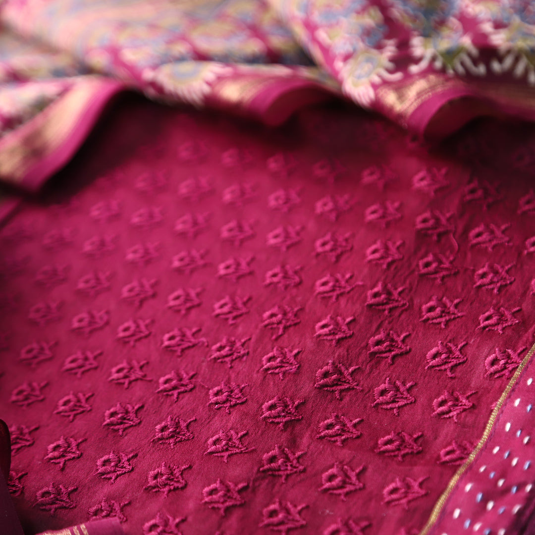 Rurvi Burgundy Wine All Over Thread Work Cotton Set