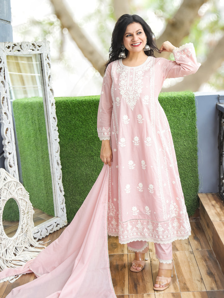 Lyra Pastel PInk Chikankari Anarkali Cotton 3 Piece Set