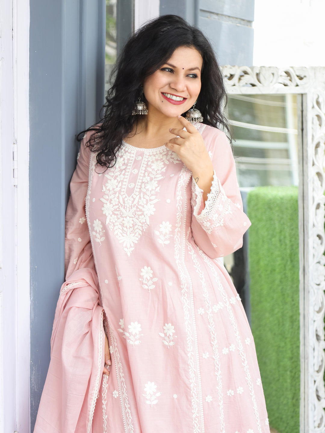 Lyra Pastel PInk Chikankari Anarkali Cotton 3 Piece Set