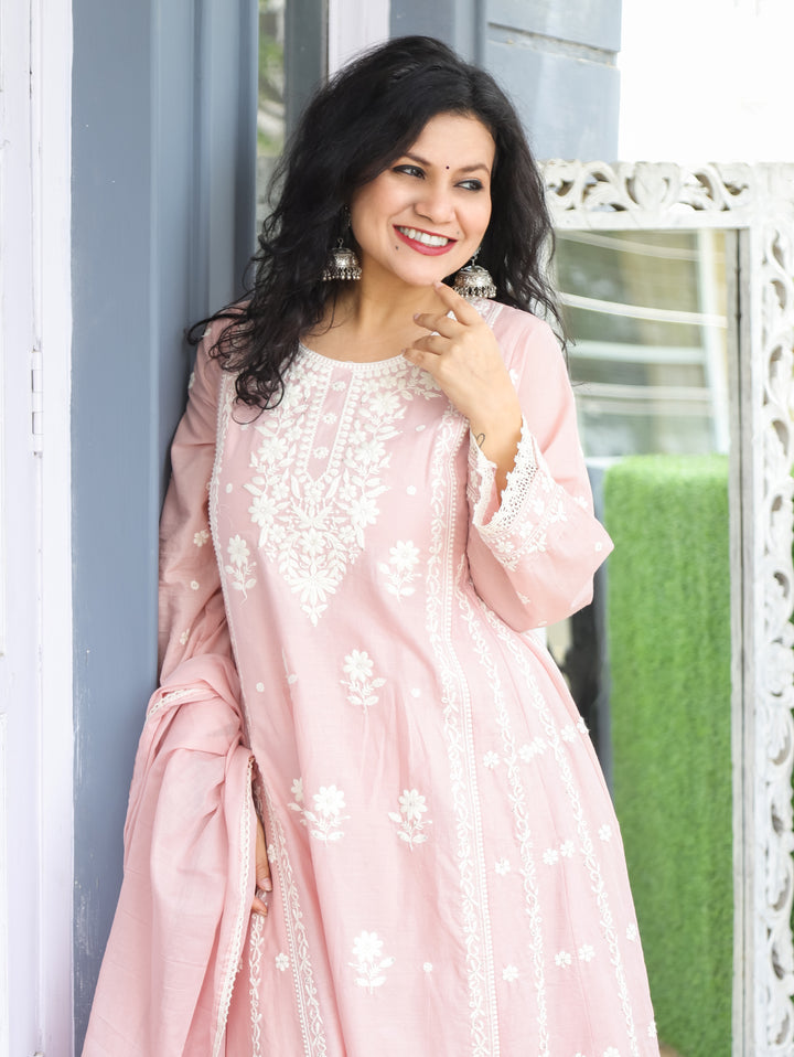 Lyra Pastel PInk Chikankari Anarkali Cotton 3 Piece Set