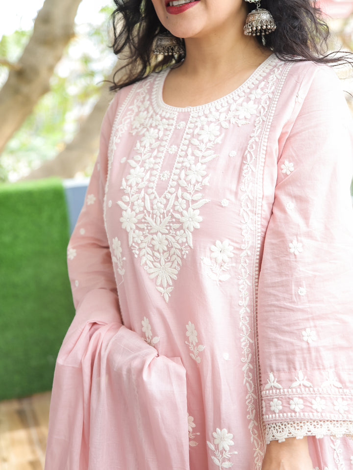 Lyra Pastel PInk Chikankari Anarkali Cotton 3 Piece Set