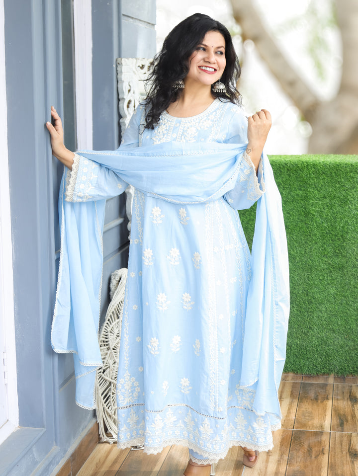 Lyra Pastel Blue Chikankari Anarkali Cotton 3 Piece Set