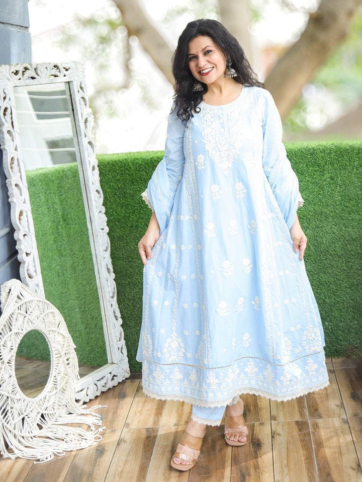 Lyra Pastel Blue Chikankari Anarkali Cotton 3 Piece Set