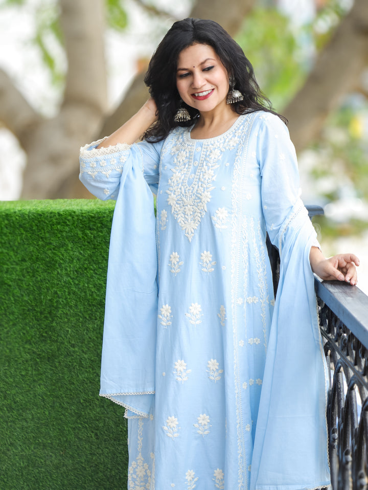 Lyra Pastel Blue Chikankari Anarkali Cotton 3 Piece Set