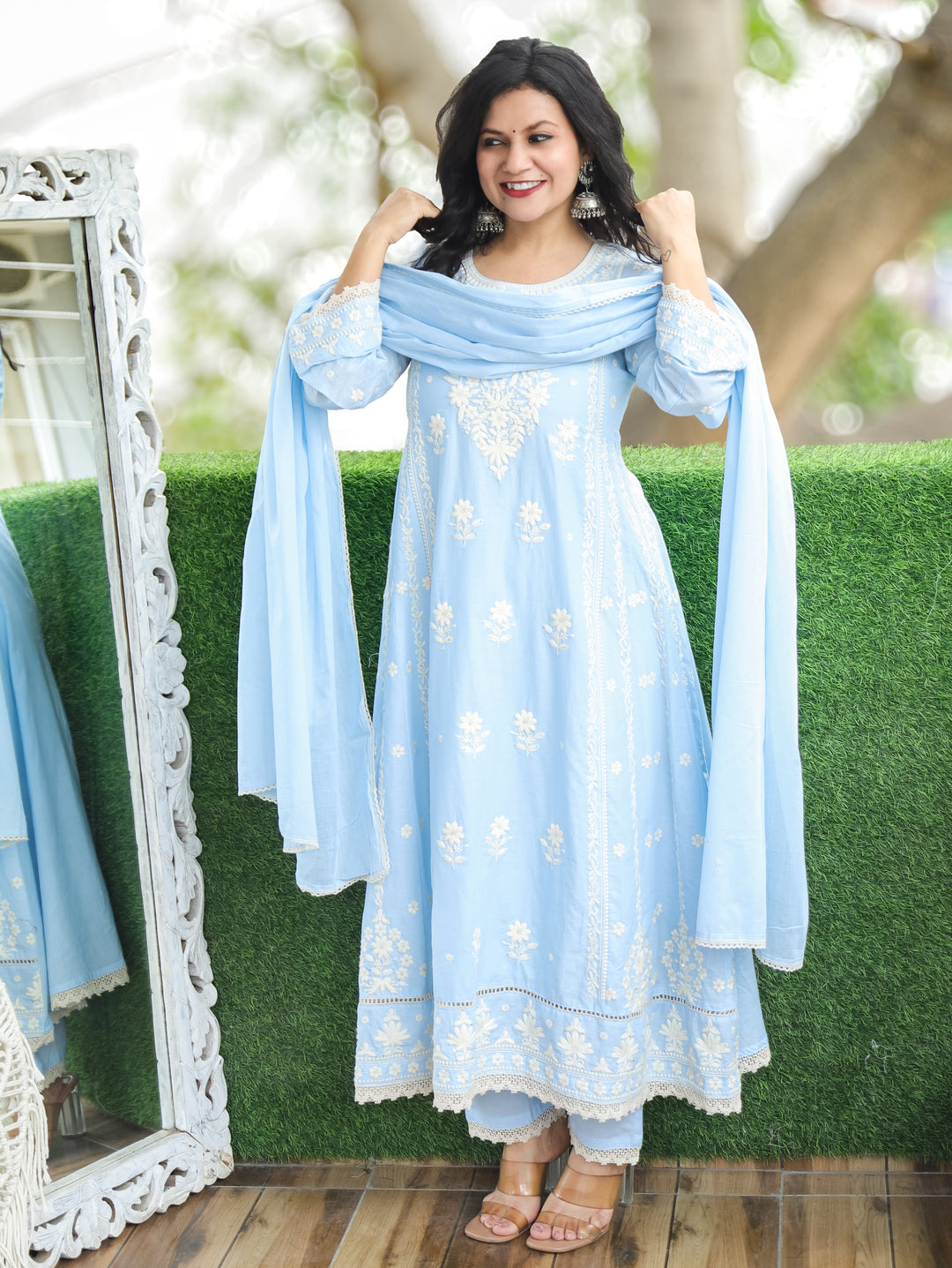 Lyra Pastel Blue Chikankari Anarkali Cotton 3 Piece Set