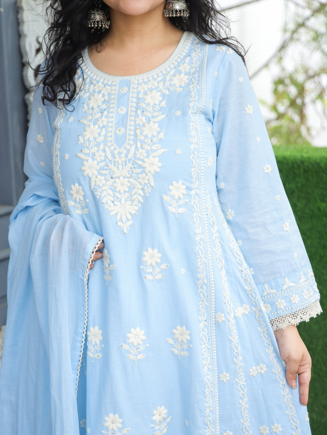 Lyra Pastel Blue Chikankari Anarkali Cotton 3 Piece Set