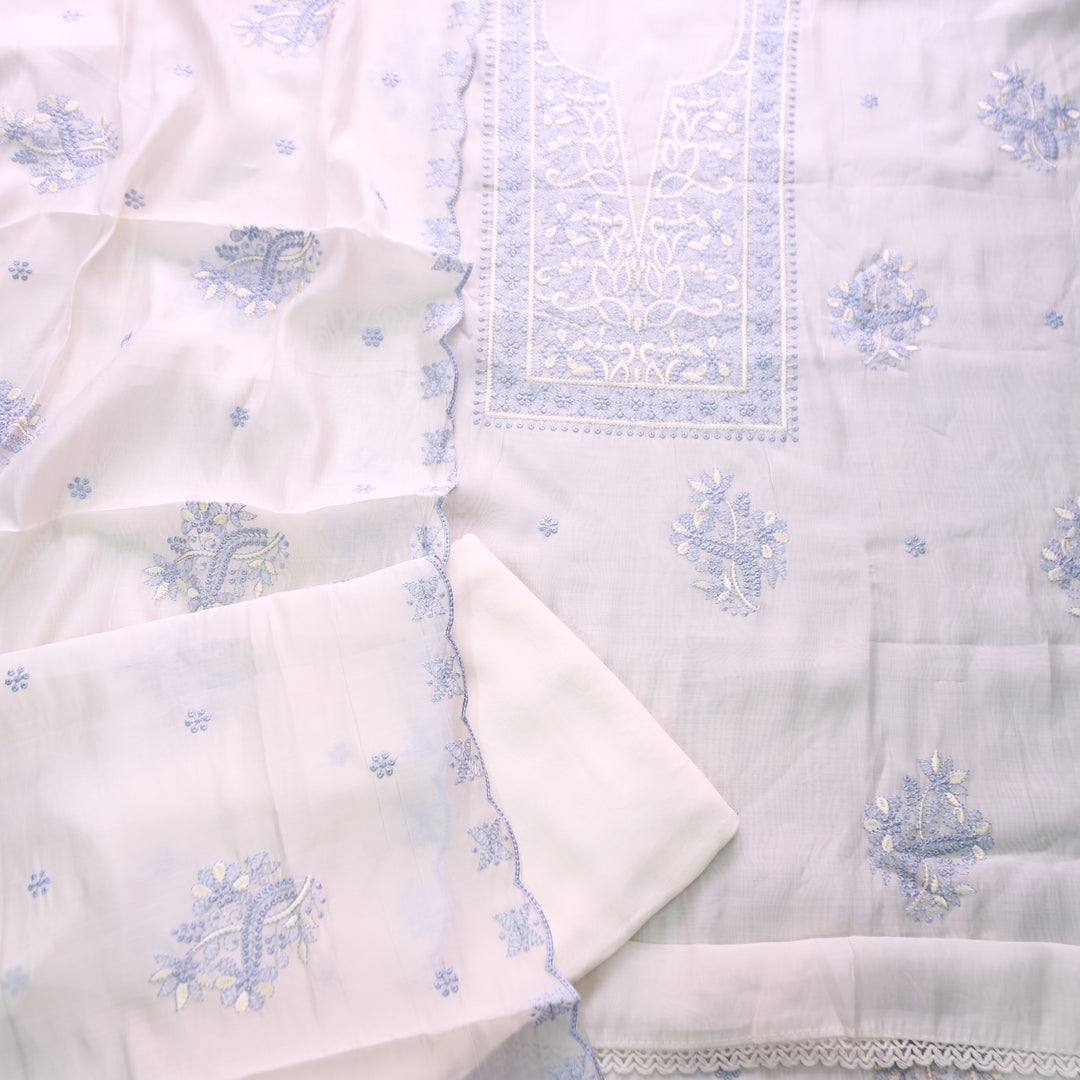 Mannat White with Blue Thread Embroidered Neck Work Mul Chanderi Set