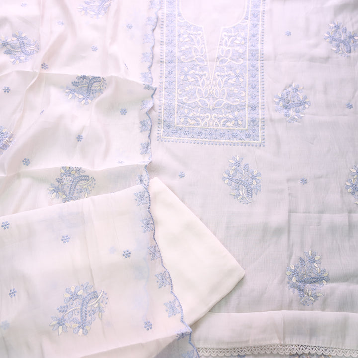 Mannat White with Blue Thread Embroidered Neck Work Mul Chanderi Set