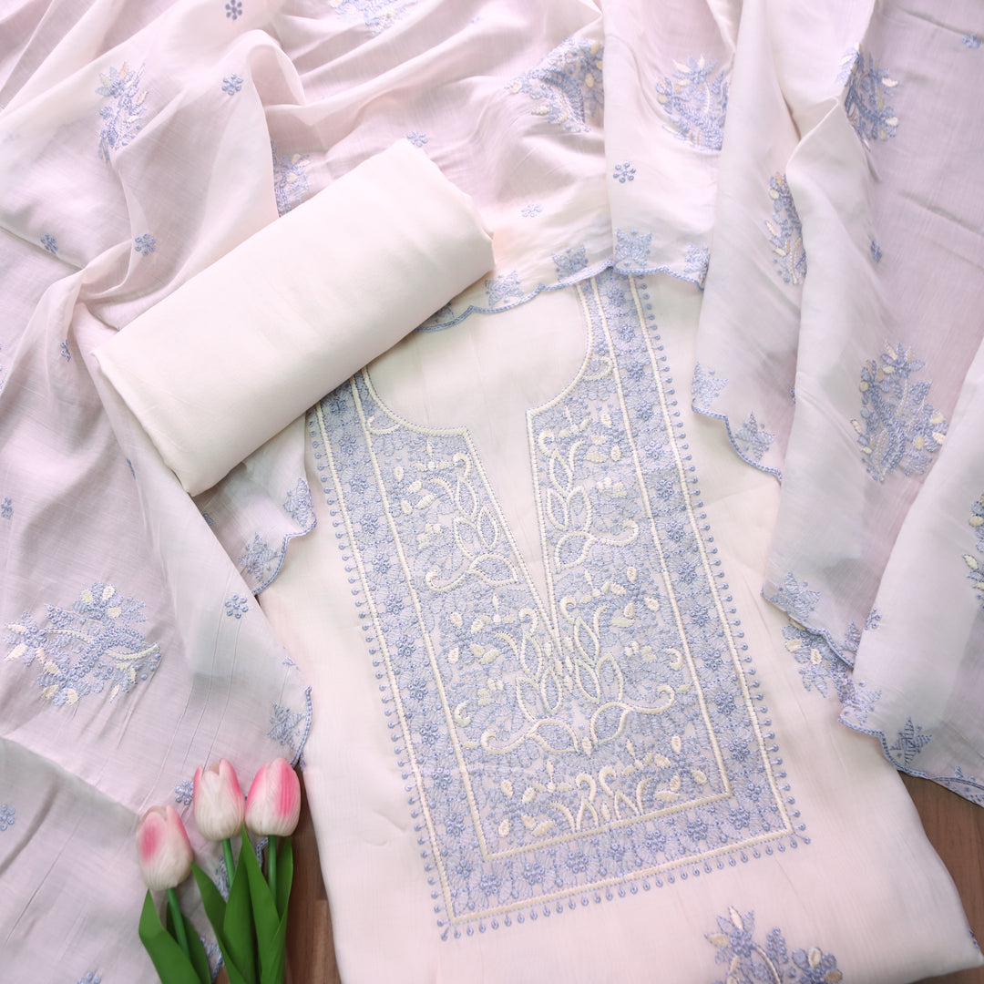 Mannat White with Blue Thread Embroidered Neck Work Mul Chanderi Set