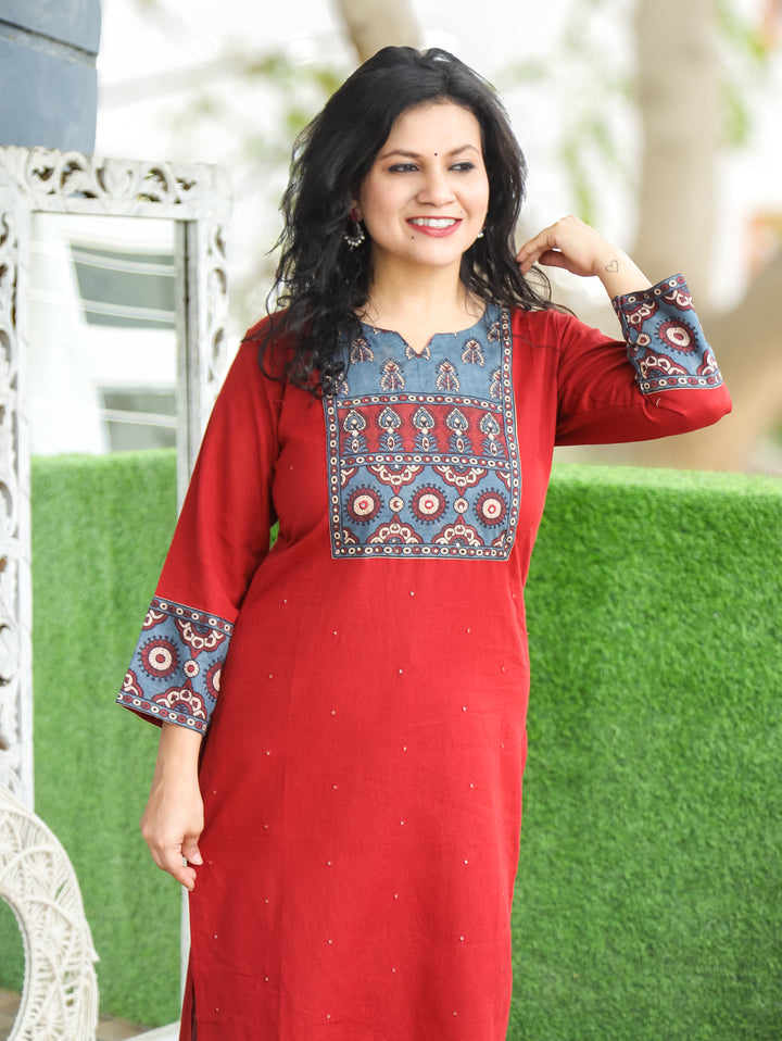 Ella Berry Red Printed Yoke Cotton 2 Piece Set
