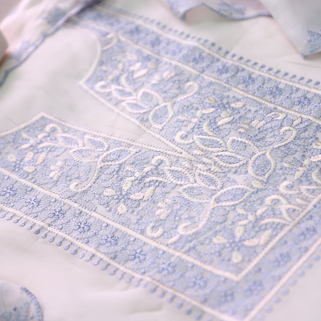 Mannat White with Blue Thread Embroidered Neck Work Mul Chanderi Set