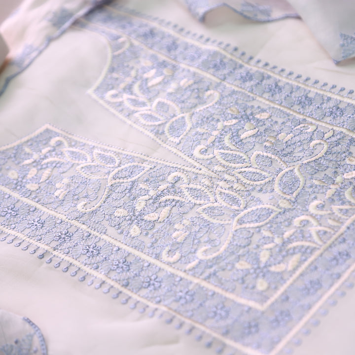 Mannat White with Blue Thread Embroidered Neck Work Mul Chanderi Set