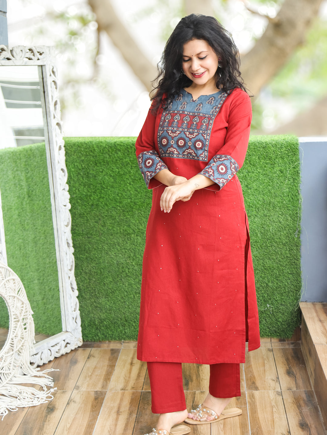 Ella Berry Red Printed Yoke Cotton 2 Piece Set