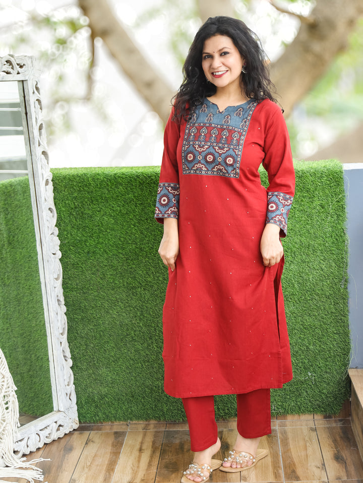 Ella Berry Red Printed Yoke Cotton 2 Piece Set