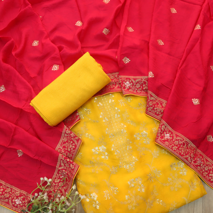 Chandni Lemon Yellow All Over Zari Work with Brocade Weaved Dola Silk Suit Set