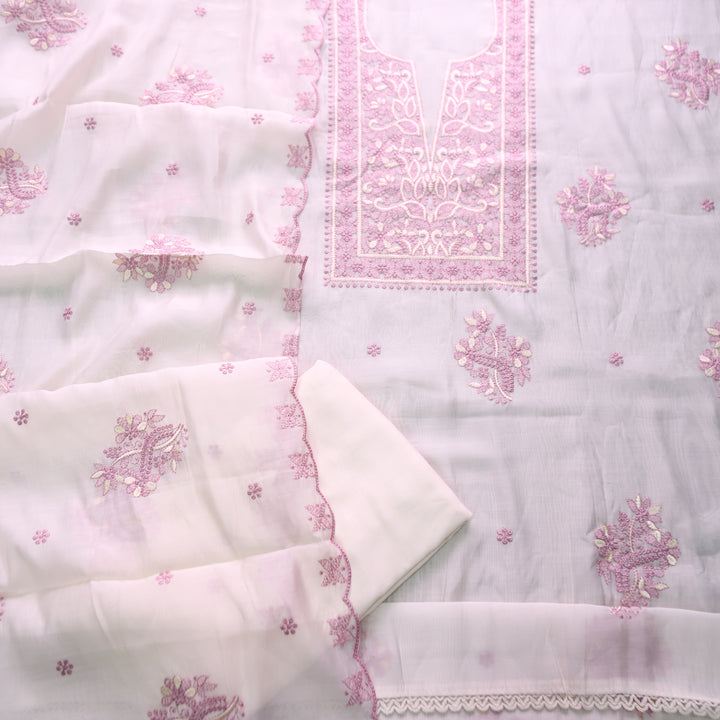 Mannat White with Lilac Thread Embroidered Neck Work Mul Chanderi Set
