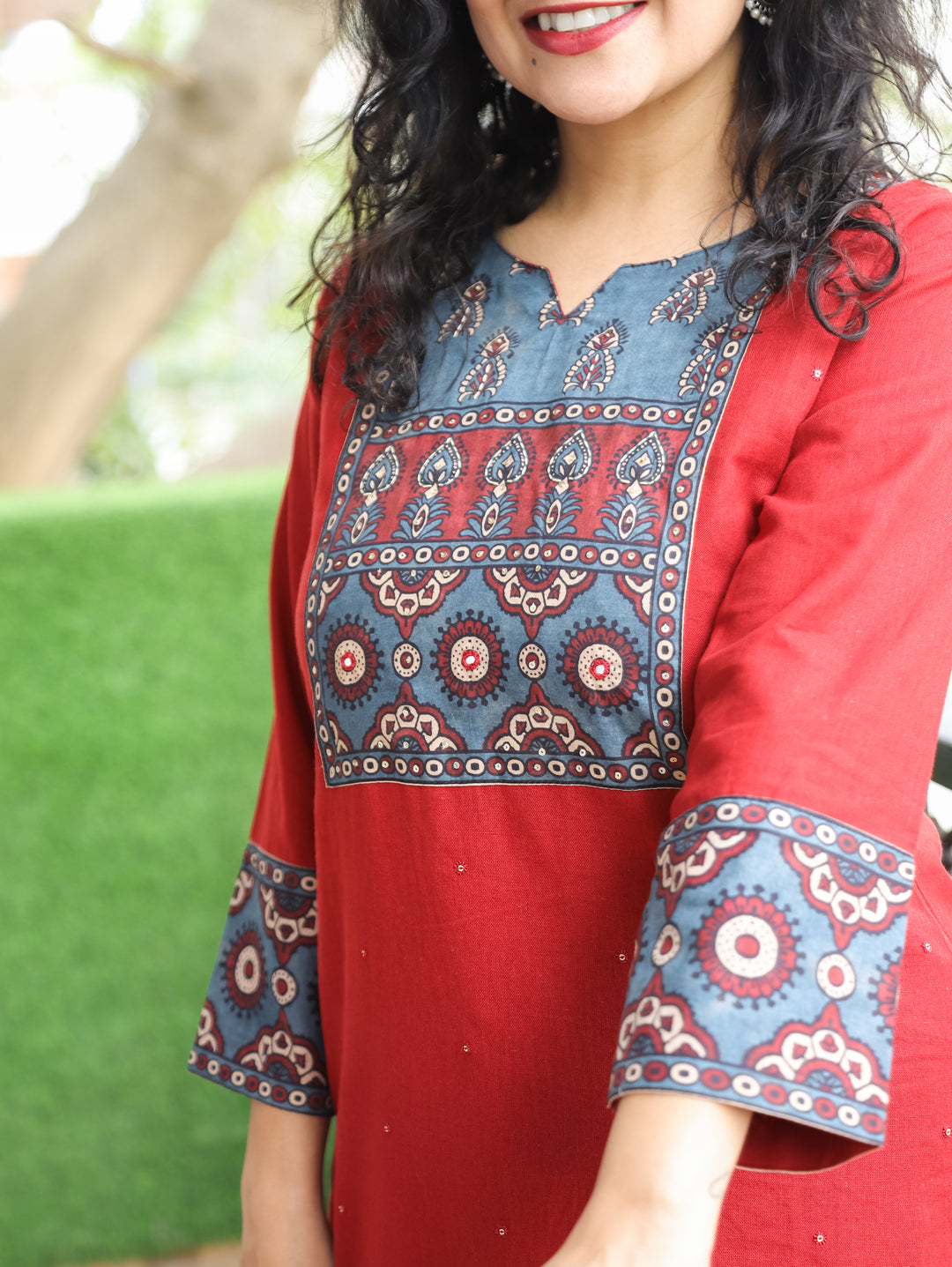 Ella Berry Red Printed Yoke Cotton 2 Piece Set