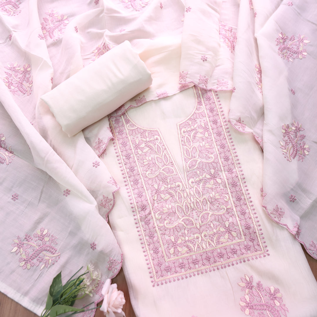 Mannat White with Lilac Thread Embroidered Neck Work Mul Chanderi Set