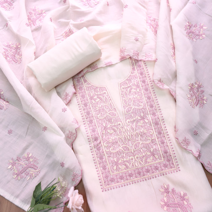 Mannat White with Lilac Thread Embroidered Neck Work Mul Chanderi Set