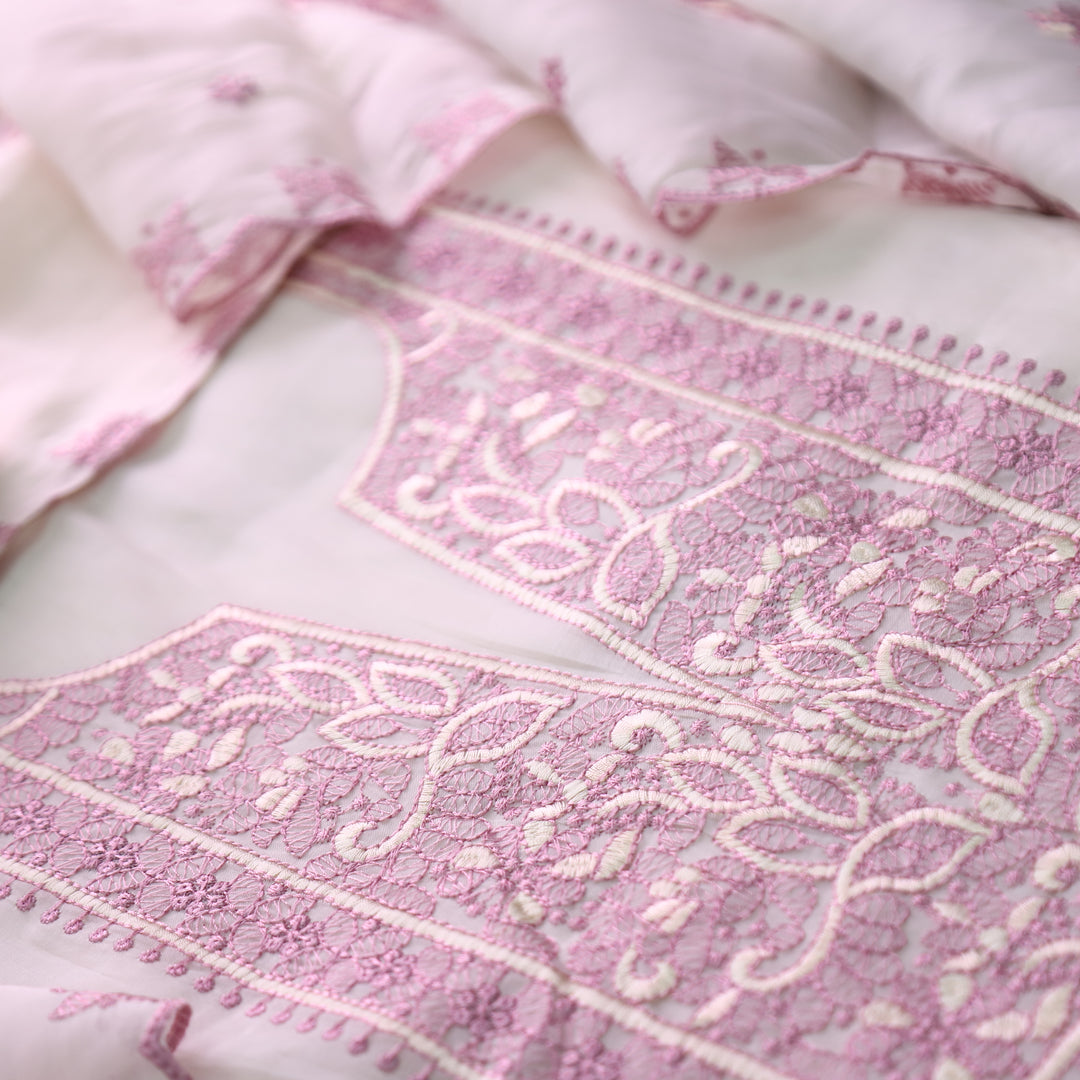 Mannat White with Lilac Thread Embroidered Neck Work Mul Chanderi Set