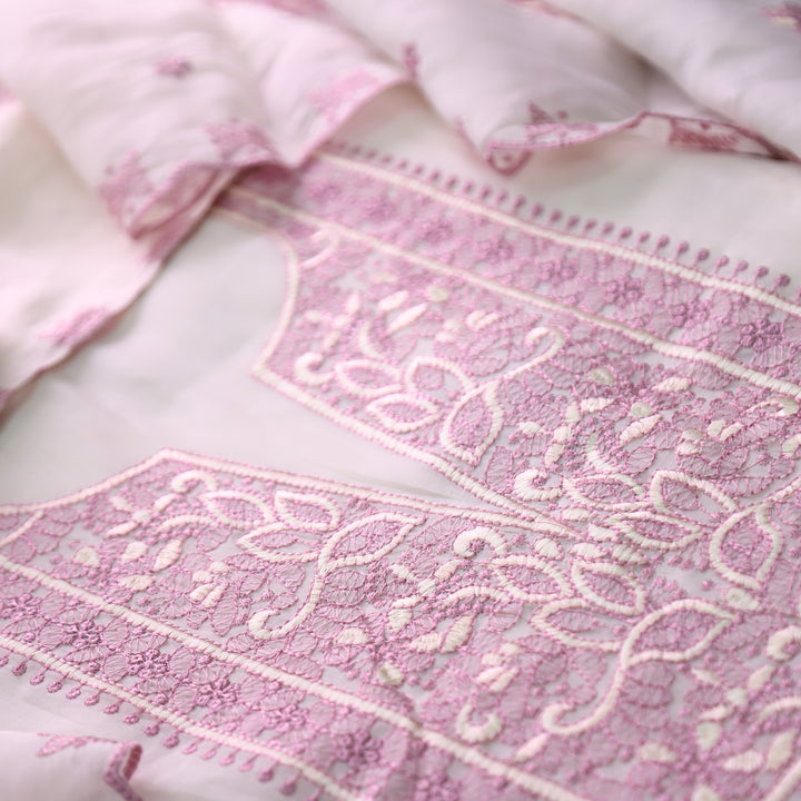 Mannat White with Lilac Thread Embroidered Neck Work Mul Chanderi Set