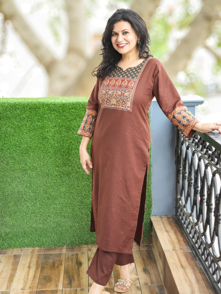 Ella Choco Brown Printed Yoke Cotton 2 Piece Set