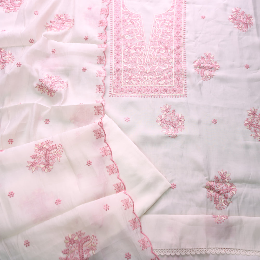 Mannat White with Pink Thread Embroidered Neck Work Mul Chanderi Set